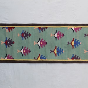 Multiple Sizes Cotton Green And Brown Border With Colorful Modern Hand Woven Runner Rug- Flat Woven Washable Runner Killim