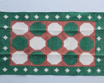 Multiple Size Green, Orange And White Handmade Rug- Hand Woven High Quality Cotton Flatweave Rug