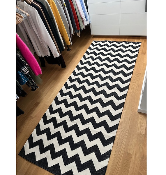 Mehrere Größen Baumwolle Mehrere Größen Schwarz und Weiß Läufer Teppich - Zig Zag Flach gewebte Waschbar Läufer Killim