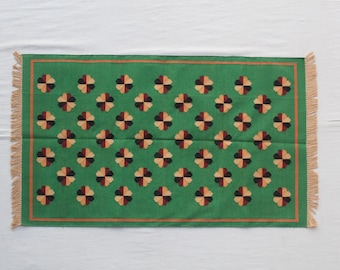 Multiple Size Green Cotton Handmade Flower Design Rug- Hand Woven High Quality Cotton Flatweave Rug