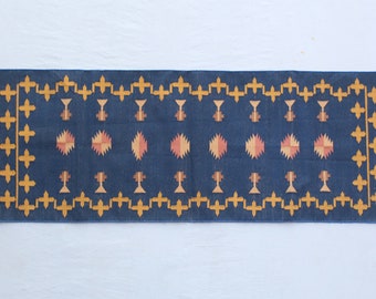 Alfombra de corredor moderna de algodón azul y amarillo tejida a mano en varios tamaños - Alfombra de corredor lavable de tejido plano Killim