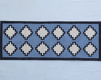 Multiple Sizes Cotton Multiple Sizes Blue, Black and White Runner Rug - Flat Woven Washable Runner Killim