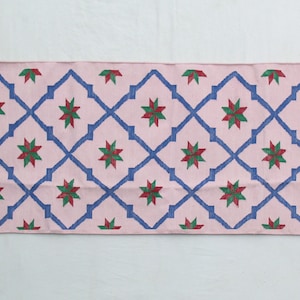 Multiple Sizes Cotton Multiple Sizes Light Pink And Blue, Red, Green Star Design Runner Rug - Flat Woven Washable Runner Killim