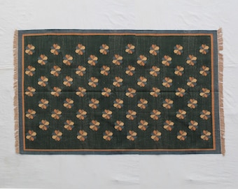Alfombra de algodón verde oscuro de varios tamaños, hecha a mano, con diseño floral. Alfombra de tejido plano de algodón de alta calidad, tejida a mano.