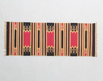 Multiple Sizes Cotton Modern Pink , Black And Golden Yellow Hand Woven Runner Rug- Flat Woven Washable Runner Killim