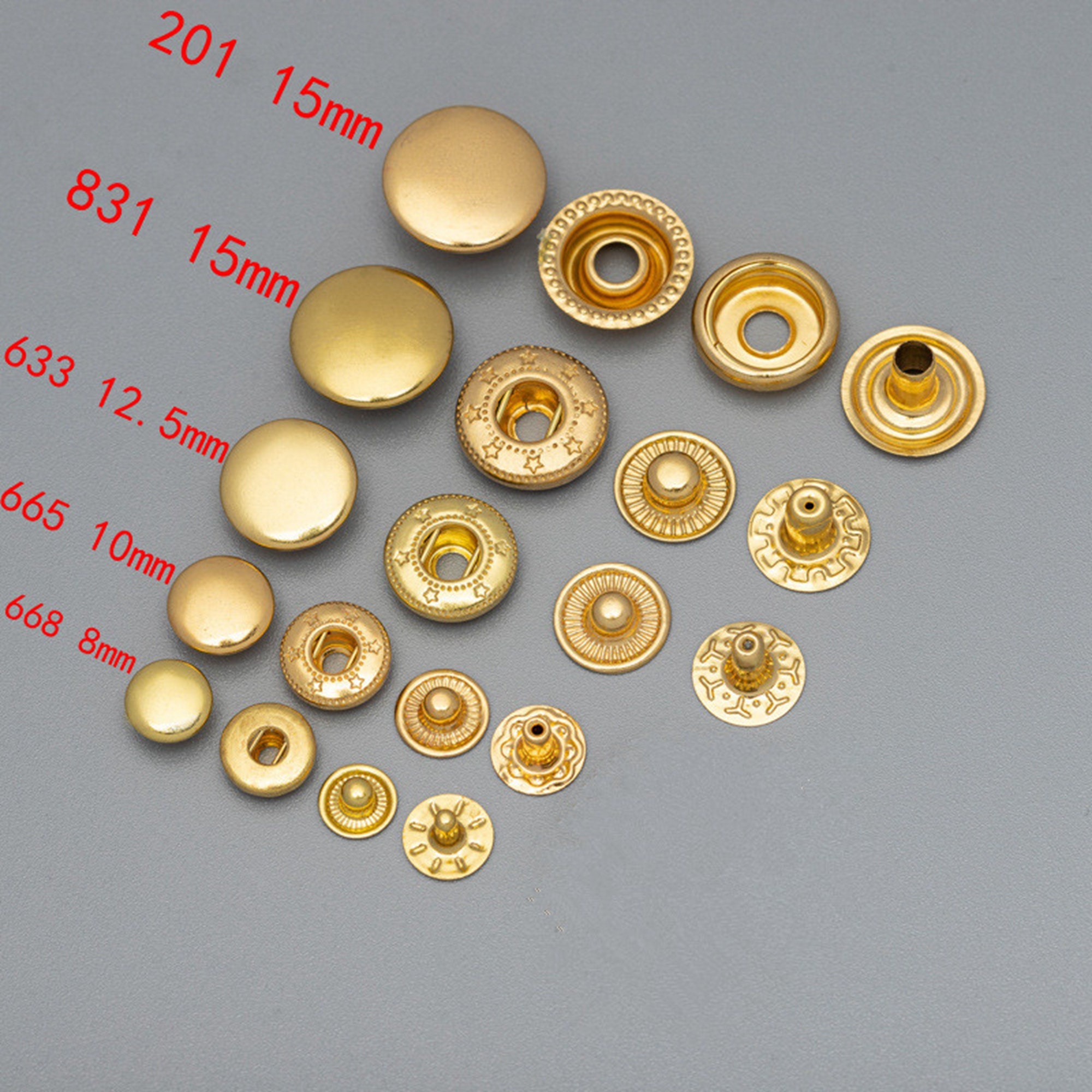 30sets Brass Material Snap Fastener Press Studs Snaps Button Popper 12.5mm  203, 15mm 201 Craft Supplies DIY 