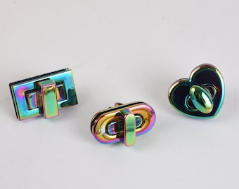 Various Style Rainbow Color Turn Lock, Metal Twist Heart Shape Lock,  Rectangle Rainbow Flip Lock--4pcs