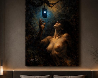 Quadro su tela moderno e sensuale con Eva, stampa su tela moderna con frutto proibito, arte femminile romantica e oscura, decorazione ispirata alla tentazione tecnologica.