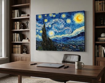 Starry Night Canvas Wall Art, Van Gogh Style Landscape Print, Swirling Blue Sky Painting, Colorful Bedroom Decor