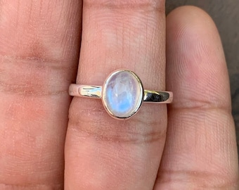 Rainbow Moonstone Ring: Sterling Silver Solitaire, Ceylon Gemstone