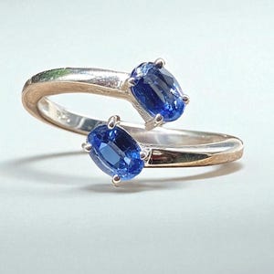 Natural Himalayan Kyanite Bypass Ring in Sterling Silver, Royal Blue Kyanite 2 Stone Ring, Handmade Jewelry, October Birthstone