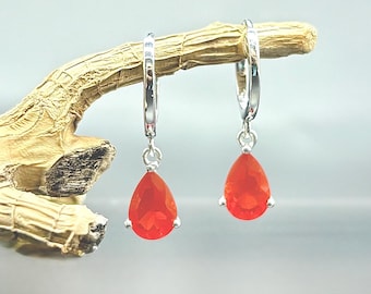 Natural Mexican Fire Opal Dangle Earrings in Sterling Silver | Pear Cut 9x6mm | 1.41 Ct Hoop Earrings