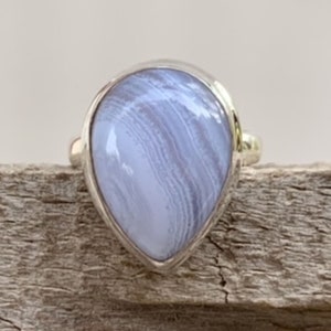 Natural Blue Lace Agate Silver Ring, Handmade Sterling Silver Ring, Healing Gemstones, Throat Chakra, Statement Ring for Women, Size US 7