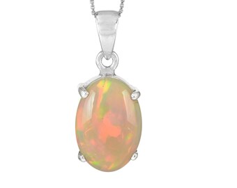 May include: A silver chain necklace with a pendant featuring a large oval-shaped opal gemstone.