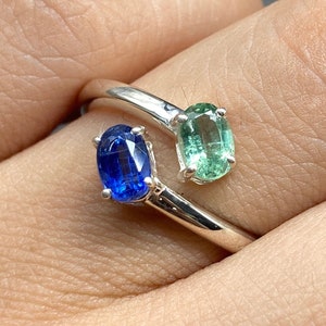 Natural Himalayan Kyanite Bypass Ring in Sterling Silver, Blue & Mint Kyanite Ring, 2 Stone Ring, Handmade Jewelry, October Birthstone