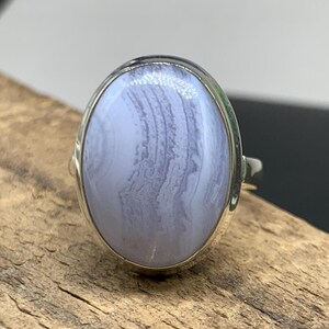 Natural Blue Lace Agate Silver Ring, Handmade Sterling Silver Ring, Healing Gemstones, Throat Chakra, Statement Ring for Women, Size US 8