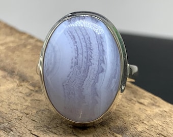Handmade Blue Lace Agate Sterling Silver Ring, Solitaire, US 8