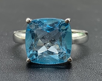 Handmade Swiss Blue Topaz Sterling Silver Ring, Cushion Cut, US 9