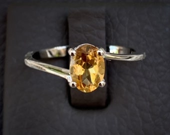 Citrine Solitaire Ring: Sterling Silver Bypass Shank, November Birthstone