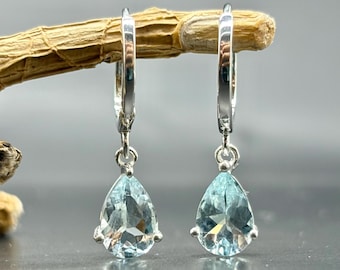 Natural Aquamarine Dangle Earrings in Sterling Silver | Pear Cut 9x6mm | 2.10 Ct Hoop Earrings