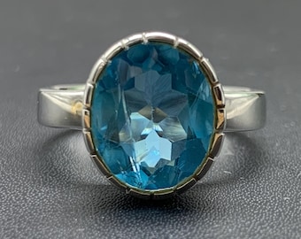 Handmade Oval Swiss Blue Topaz Sterling Silver Ring, US Size 9