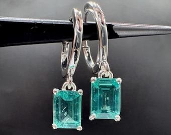 Natural Emerald Apatite Dangle Earrings in 925 Sterling Silver, Octagon 7x5mm 1.89 Cts