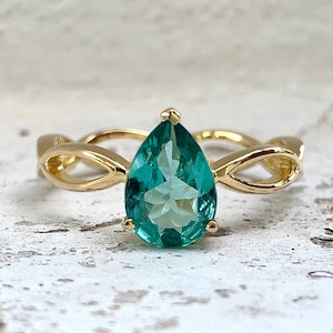 Emerald Apatite Ring, May Birthstone Solitaire Ring, 14K Yellow Gold on Sterling Silver, Engagement Ring, Apatite Ring, Pear Solitaire Ring