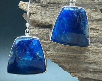 May include: A pair of silver dangle earrings with blue lapis lazuli stones. The stones are a deep blue with white veins and are set in a trapezoid shape.