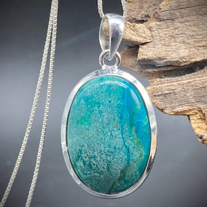 Natural Chrysocolla Silver Pendant With Silver Chain, Chrysocolla Pendant with Chain, Healing Crystal, One Of A Kind, Handmade Jewelry