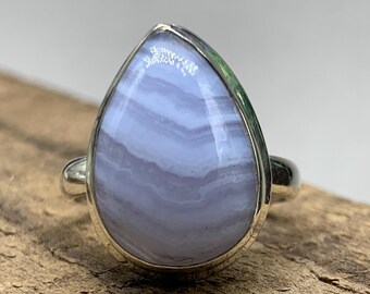 Blue Lace Agate Sterling Silver Ring, Handmade Solitaire Ring, US Size 9