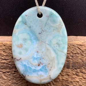 Natural Larimar Crystal Pendant With Chain in Sterling Silver, Blue Larimar Necklace, Drilled Through Necklace, Healing Gemstones, 70.33 TCW