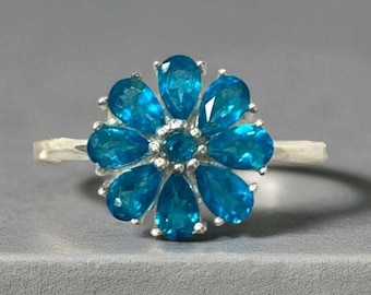 Neon Apatite Flower Ring: Pear-Shaped Sterling Silver Cluster