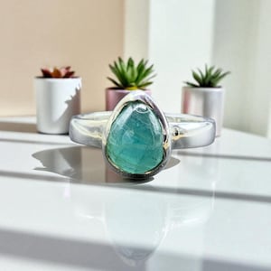 Natural Rare Grandidierite Silver Ring, Oval Cabochon Ring, Extremely Rare Grandidierite Ring, Green Blue Gemstone Ring, Ring Size US 7