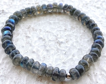 Natural Labradorite Bracelet, Labradorite Roundel Beads Bracelet, Blue Labradorite Stretch Bracelet, Healing Gemstone, Natural Crystal