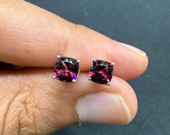 Natural Pink Rhodolite Stud Earrings in Sterling Silver | 5.00mm Cushion Cut, 1.50 Cts