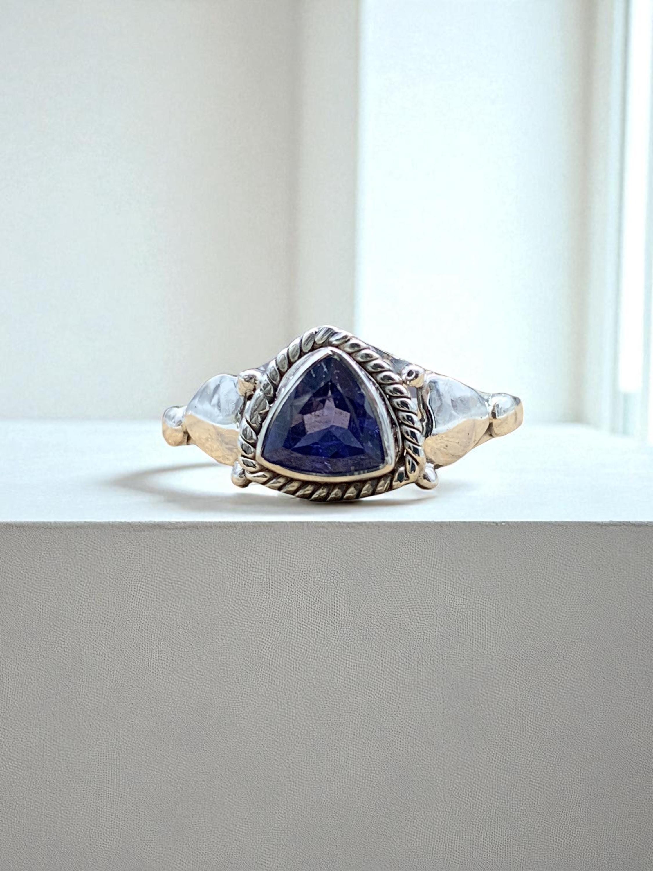 Natural Iolite Sterling Silver Ring, Trillion Gemstone Solitaire