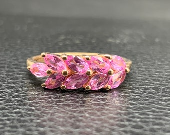 Pink Sapphire Leaf Ring: Marquise-Cut, 18K Rose Gold Over Sterling Silver