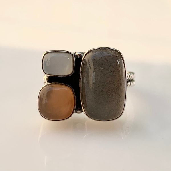 Moonstone Trio Ring, Black moonstone, Peach Moonstone, White Moonstone Ring, Statement Ring, All Moonstone Ring, Ring Size US 8