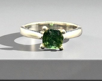 Green Apatite Cushion Ring: Sterling Silver Solitaire, US Size 7