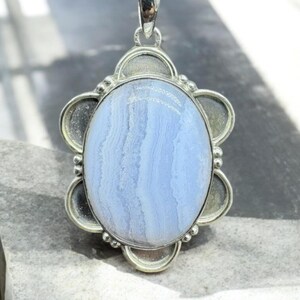 Blue Lace Agate Pendant | Oval Sterling Silver Necklace | Gentle Communication Healing Crystal Jewelry