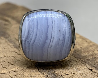 Blue Lace Agate Sterling Silver Solitaire Ring, Healing Gemstone, US Size 7