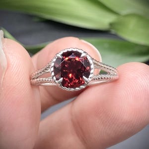 8mm Red Garnet Ring Sterling Silver - Faceted Round Gemstone Ring US 8 - Natural January Birthstone Jewelry Gift for Her