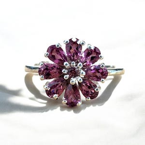 Malaya Garnet Ring, Pear Shape, Cluster Ring in Sterling Silver, Raspberry Rhodolite Garnet Ring, Flower Ring, Dainty Ring, Healing Crystal