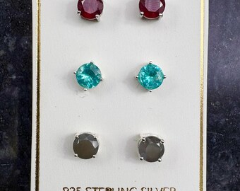 Multi Gemstone Sterling Silver Stud Earrings, Ruby Apatite Kyanite Set