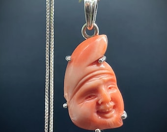 Carved Coral Face Pendant, Sterling Silver Chain, Italian Gemstone