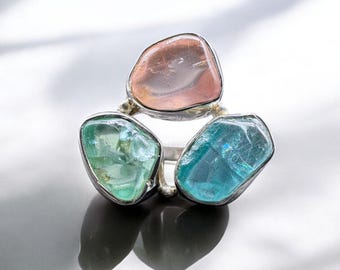Raw Rose Quartz, Emerald & Blue Apatite Ring | Sterling Silver Boho Ring