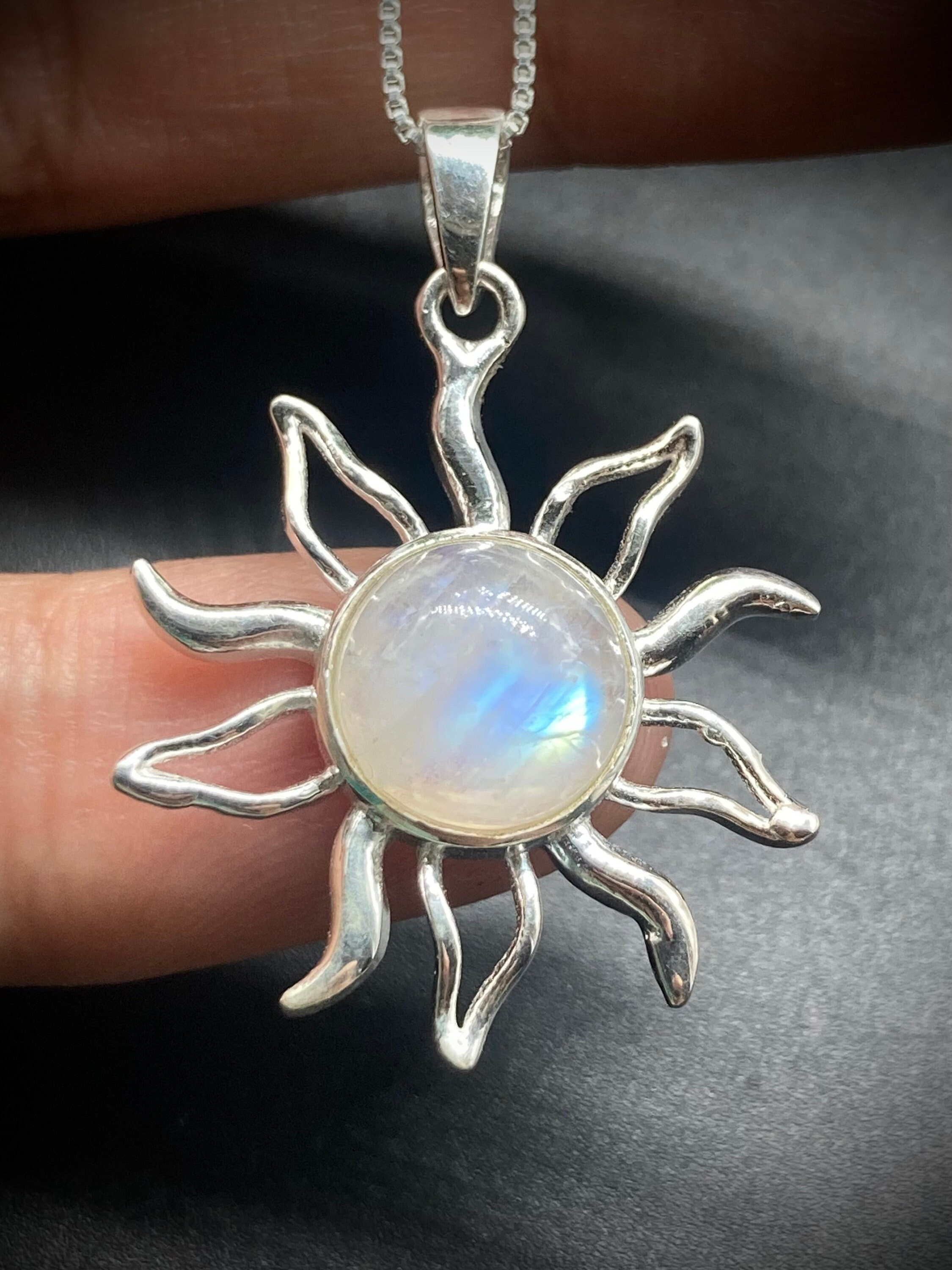 Pendentif Soleil En Argent 925 Avec Pierre De Lune Arc-en-Ciel Rond 28mm - Fait Main France