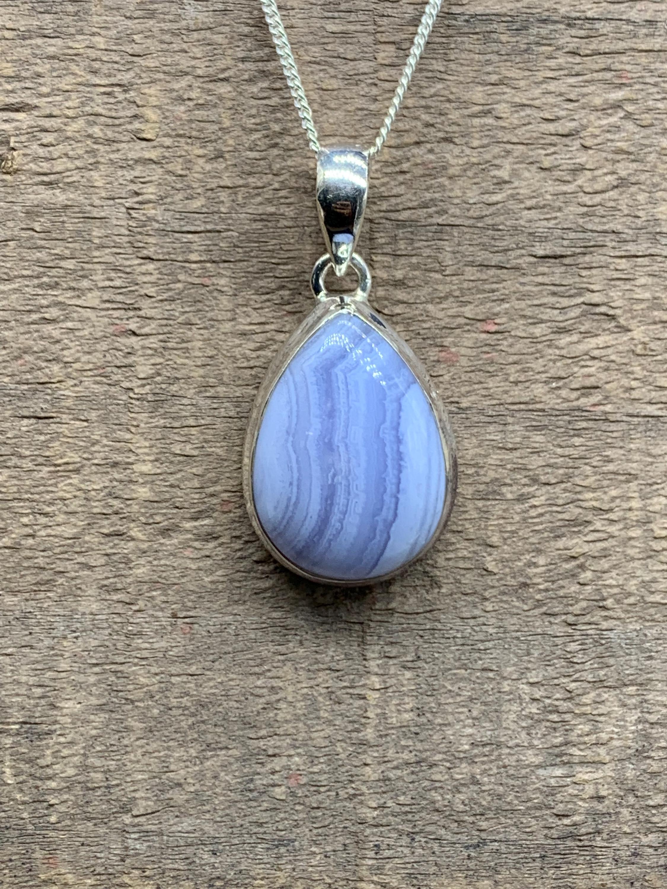 Natural Blue Lace Agate Pendant, Sterling Silver Bezel Set