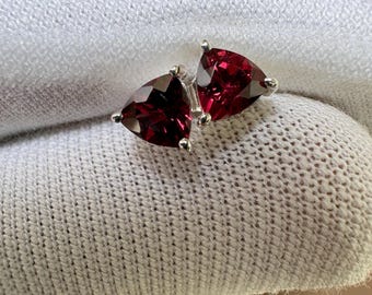 Rhodolite Garnet Studs | Raspberry Garnet Trillion Earrings in 925 Silver