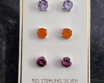 Sterling Silver Gemstone Stud Earrings Set, Amethyst, Carnelian, Garnet